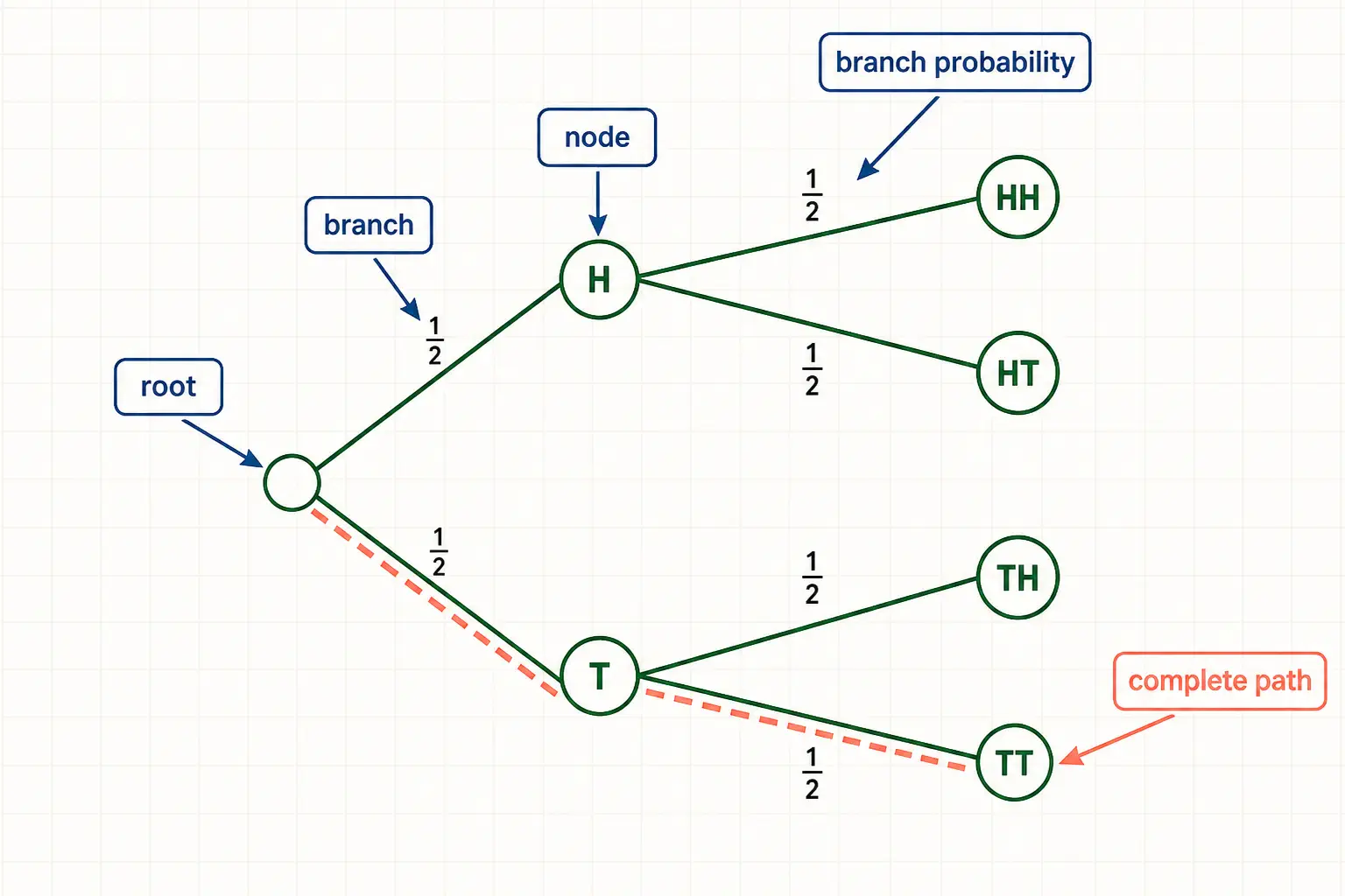 A labeled probability tree diagram showing the root, branches, nodes, branch probabilities, and one complete path.